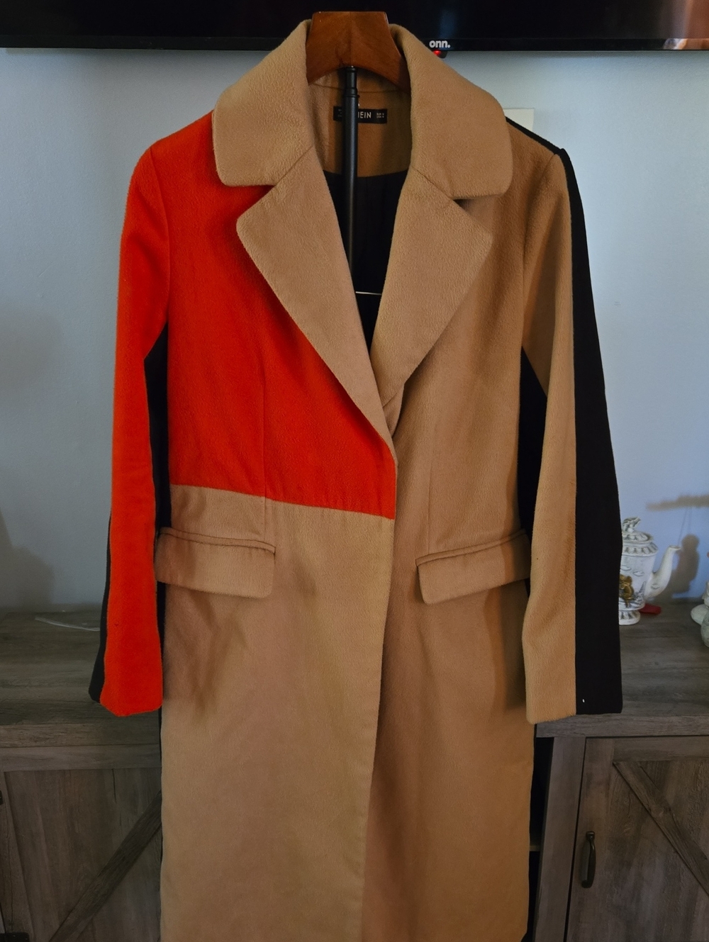 SHEIN Colorblock Long Coat in Camel, Orange & Black